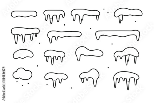 Set of outline winter snow caps, melting ice drifts, and decorative frozen borders