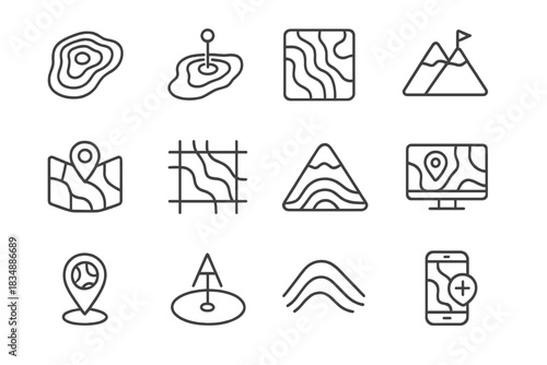 Topographic map contour line and location pin outline icons for navigation apps