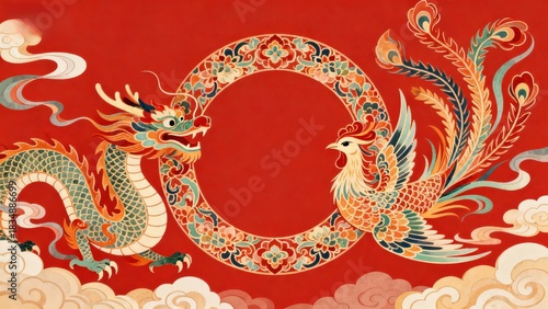 Traditional Chinese dragon and phoenix design with ornate circular motif on red background
