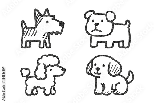 Four simple black and white line art portraits of various cute domestic dog breeds