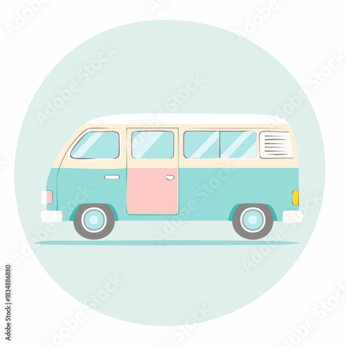A charming illustration of a retro blue and white camper van with a pink door, set against a light blue circular background.
