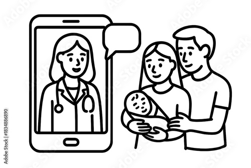 Family receiving remote medical consultation for newborn baby via smartphone video call