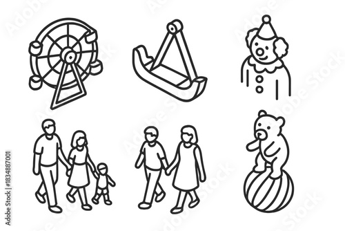 Collection of carnival rides, circus performers, and family visitors at the funfair