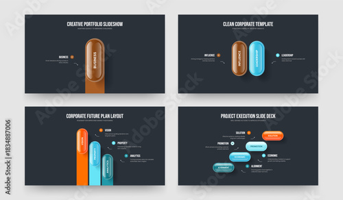 Company Strategy 1 2 3 4 Option Diagram Slideshow Layout Bundle. Market Profile One Two Three Four Step Infographic Slide Design Vector Illustration Collection.