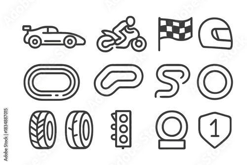 Motorsports competition featuring race car, bike, circuit, checkered flag, and safety helmet