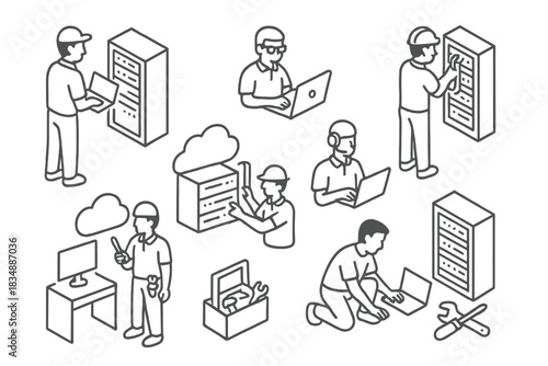 Isometric IT specialists and engineers performing server maintenance, network support, and cloud computing tasks