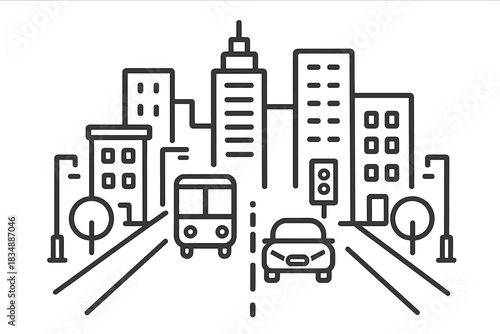 Minimalist line art cityscape with urban traffic, tall buildings, bus, and car on a busy street