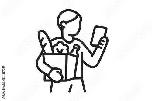 Person holding grocery bag and checking purchased items on a mobile phone screen