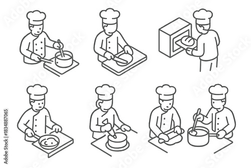 Set of isometric line art icons depicting chefs and bakers performing various culinary tasks