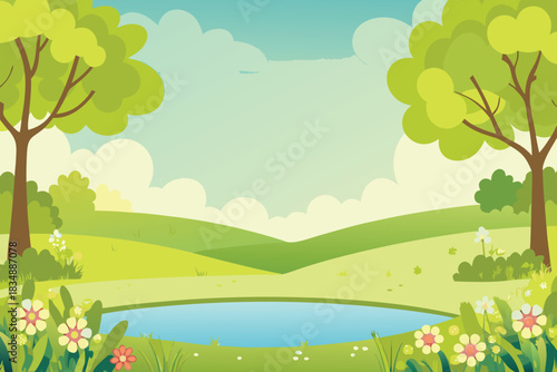 a peaceful cartoon landscape features trees rolling hills and a small pond