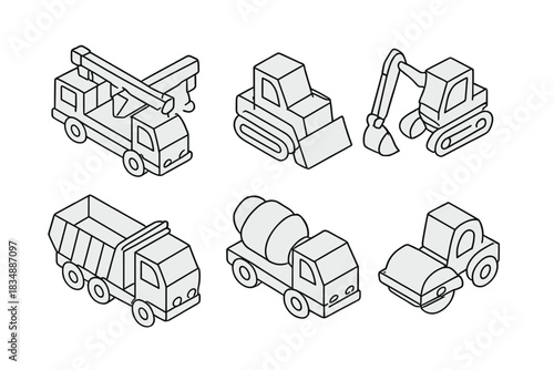 Set of isometric construction vehicles including crane, bulldozer, excavator, and dump truck