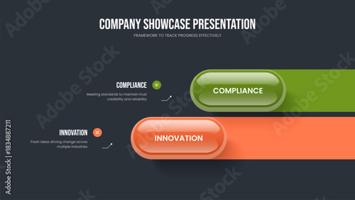 Digital Briefing Slideshow Layout Vector Illustration. Financial Solution 2 Option Diagram Presentation Template. Investor Innovation Two Element Infographic Slide Design.
