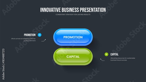 Visual Introduction Two Step Diagram Slide Design. Modern Launch 2 Option Infographic Frame Layout. Company Report Presentation Template Vector Illustration.