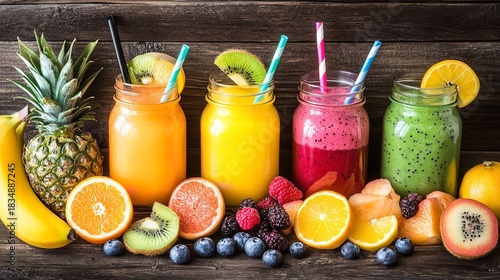 Colorful fruit smoothies in mason jars with fresh fruit garnish on rustic wooden surface