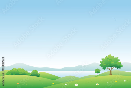 a peaceful landscape featuring rolling green hills and a calm blue lake