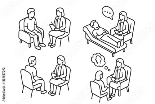 Scenes of psychological counseling, therapy sessions, and psychoanalysis on a couch