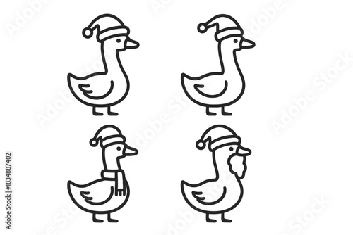 Minimalist set of holiday waterfowl characters wearing Santa hats and winter accessories