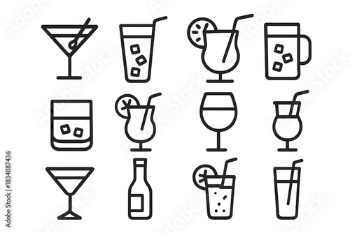 Various beverage icons showing cocktails, wine, beer, and soft drinks in different glassware