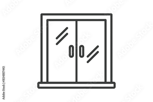 Minimalist black and white line drawing of a double glass door entrance with handles