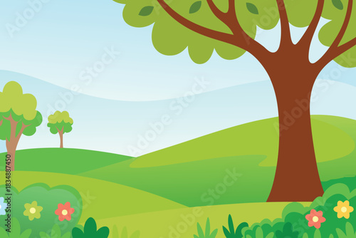 A peaceful cartoon landscape shows green hills trees and colorful flowers high quality