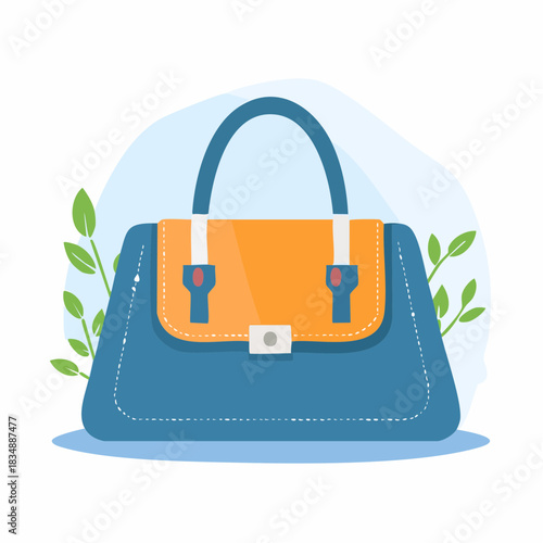 Stylish blue handbag with an orange flap and handle, featuring a silver clasp and subtle green leaf background illustration.