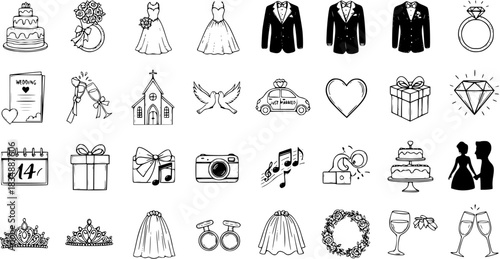 Wedding Icons: Hand-Drawn Set with Cake, Dress, Rings, Tuxedos, and More for Romantic Occasions