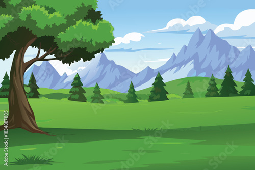 a serene landscape featuring lush green fields mountains and a large tree