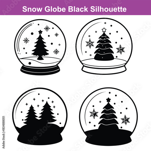Isolated black silhouette displays a serene snow globe landscape with trees and stars