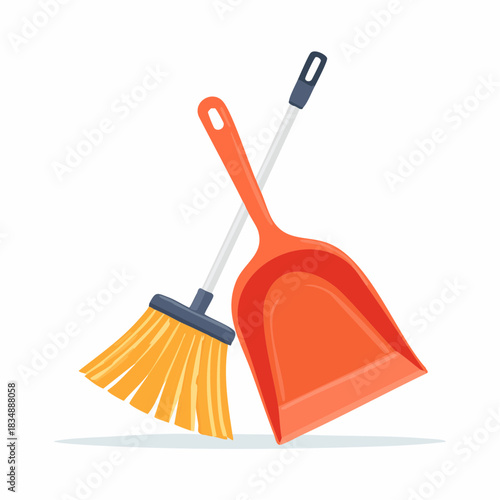 A cartoon illustration of a broom and dustpan crossed, ready for cleaning tasks.