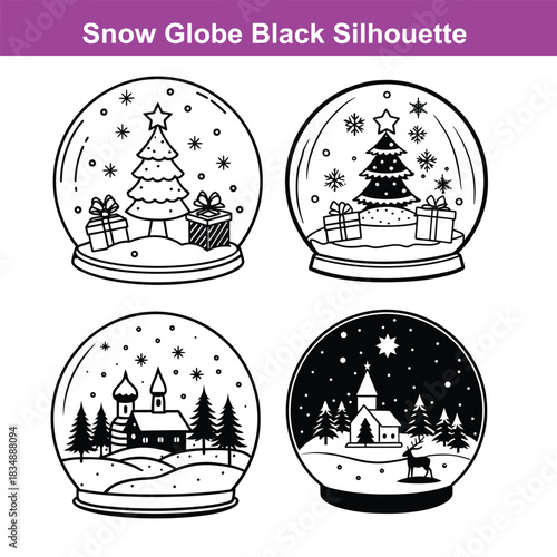 Isolated black silhouette displays a serene snow globe landscape with trees and stars