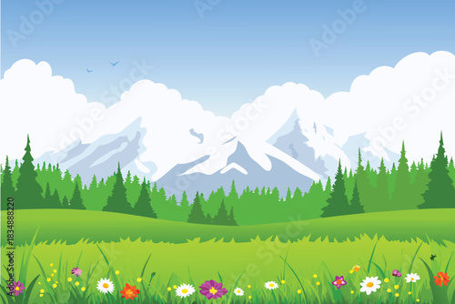 a picturesque landscape features snow capped mountains lush green meadows and blue