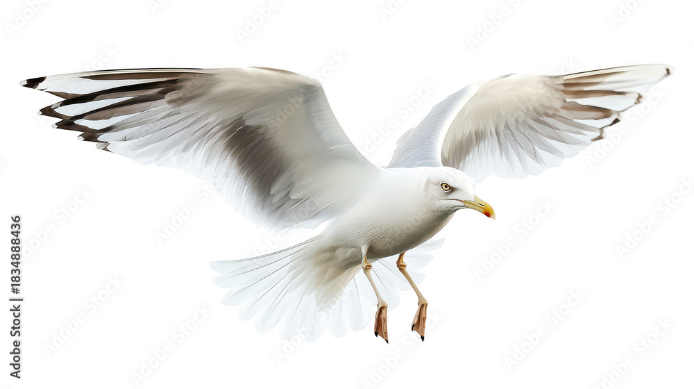 Fototapeta premium A majestic seagull gracefully soaring through the air with its wings fully extended. its plumage against a clean white background. ideal for nature-themed projects