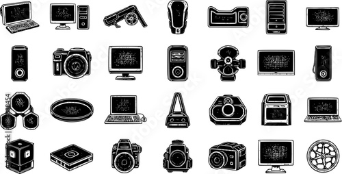 Technology Gadgets  Electronic Devices Collection: Stylized Black and White Illustrations of Computers, Cameras,  Portable Tech