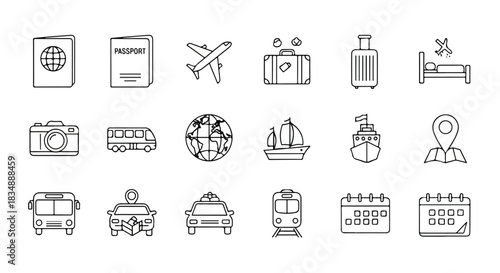 Line Art Icon Set for Travel, Tourism, and Vacation with Passport and Luggage