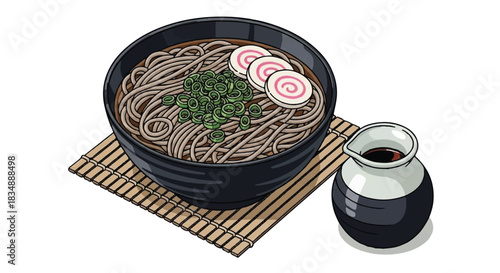 Japanese Soba Noodle Soup in a Bowl with Fish Cake and Broth