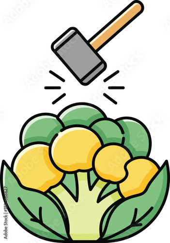 A cartoon mallet with a wooden handle poised to smash a head of yellow cauliflower with green leaves.
