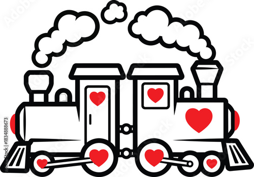 A charming cartoon illustration of two coupled steam locomotives adorned with red hearts puffing smoke.