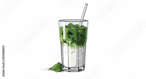 Refreshing Matcha Latte Drink in a Tall Glass with Straw
