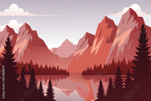 A serene landscape featuring majestic mountains a calm lake and dark trees