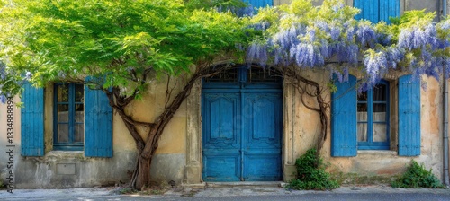 Charming house with vibrant blue doors and shutters, adorned with lush green and purple blooms