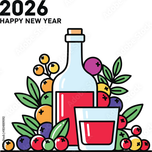 A festive vector illustration of a wine bottle and glass with red drink adorned with colorful berries and green leaves.