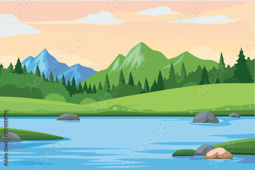 a tranquil landscape features mountains vibrant green forests and a reflective lake