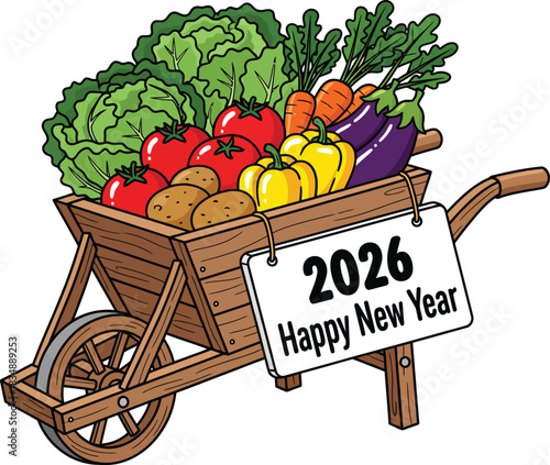 A rustic wooden wheelbarrow overflowing with fresh vegetables celebrating a 2026 Happy New Year with a festive sign.
