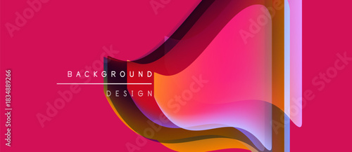 Abstract geometric shapes overlap, creating vibrant color gradients. Pink background emphasizes dynamic design elements. Modern aesthetic.