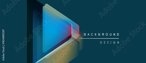 Abstract geometric design features layered triangles. Blue, gold hues create modern visual impact. Minimalist style, dark background present.