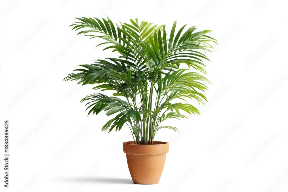 Fototapeta premium Healthy green palm plant in terracotta pot isolated on a white background