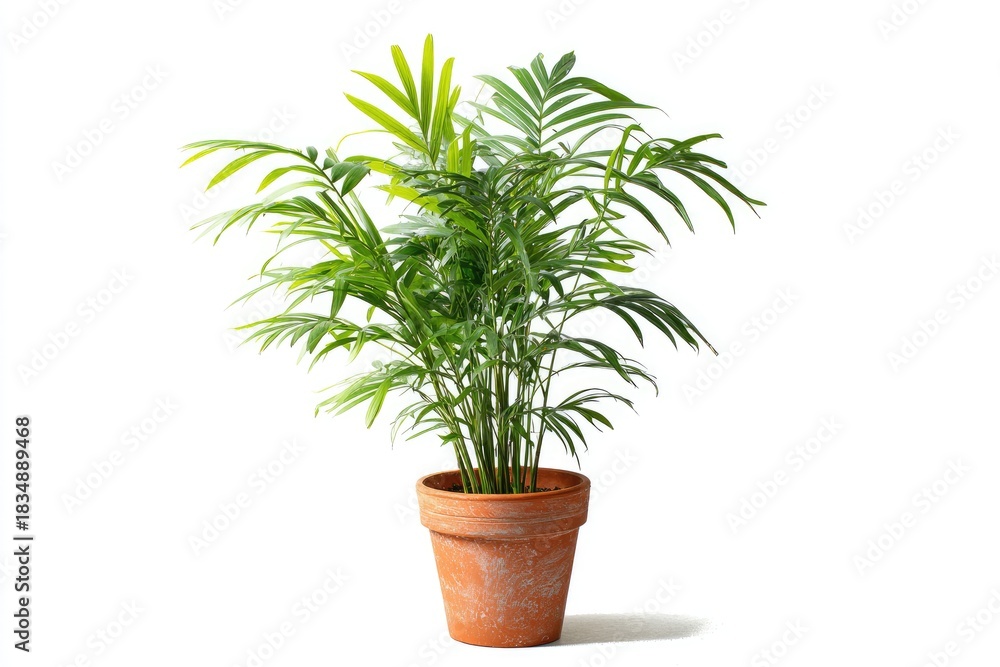 Obraz premium Lush green parlor palm in a terracotta pot against a clean white backdrop, creating a simple, elegant display
