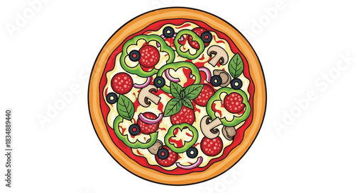Classic Round Pizza Slice with Pepperoni, Olives, and Mushrooms