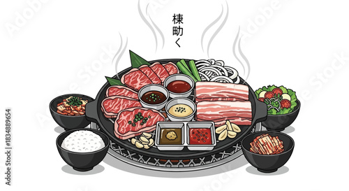 Korean Yakiniku Barbecue Grill Set with Assorted Meats and Sauces