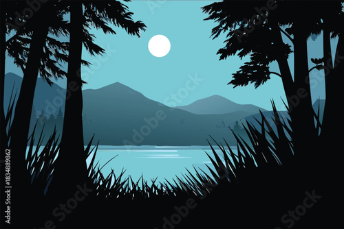 A serene landscape showcases a moonlit lake nestled between silhouetted trees high quality